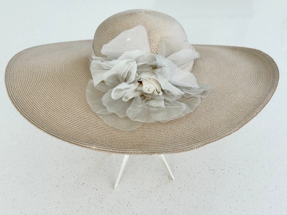 Joe Bill Miller Wide Brim Hat Cream Organza Flower Dress Hat NOS